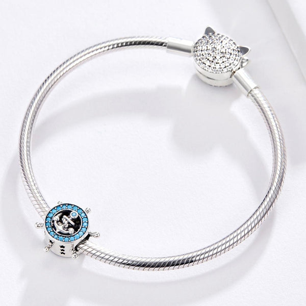 Blue Ships Wheel Anchor Sterling Silver Zircon CZ Bead Charm Bracelet Necklace