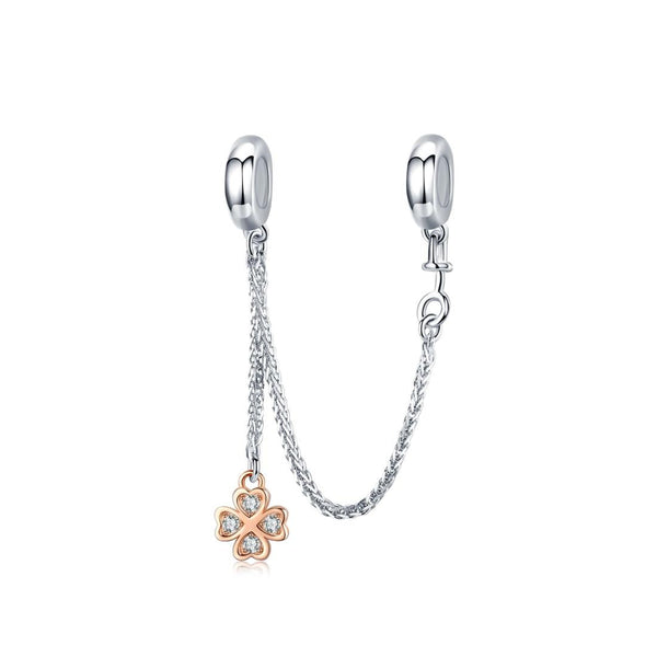 Four Leaf Clover Rose Gold Plated Sterling Silver Zircon CZ Safety Chain Bracelet
