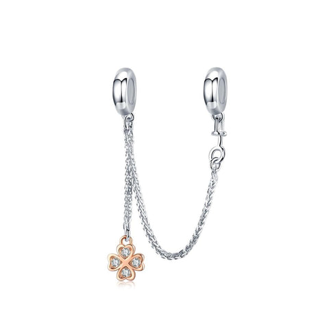 Four Leaf Clover Rose Gold Plated Sterling Silver Zircon CZ Safety Chain Bracelet