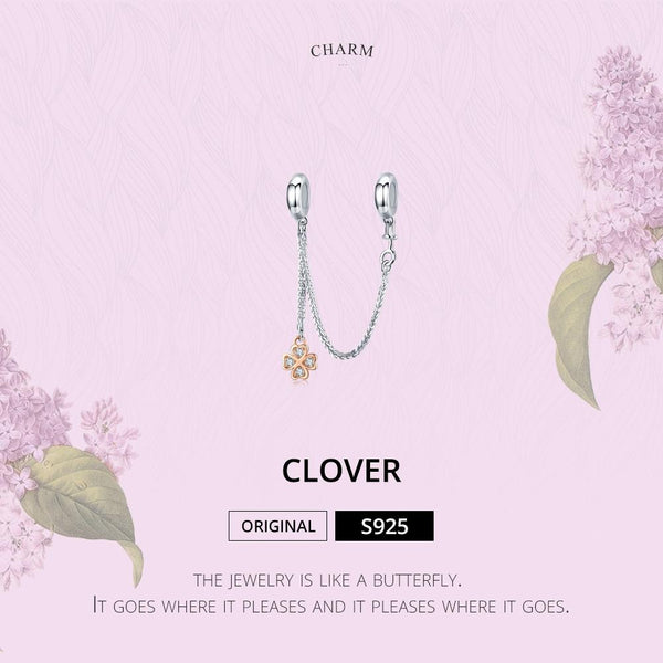 Four Leaf Clover Rose Gold Plated Sterling Silver Zircon CZ Safety Chain Bracelet