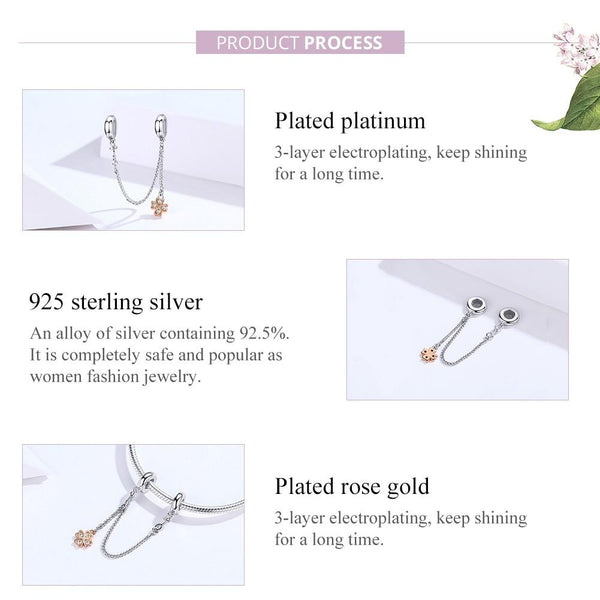 Four Leaf Clover Rose Gold Plated Sterling Silver Zircon CZ Safety Chain Bracelet