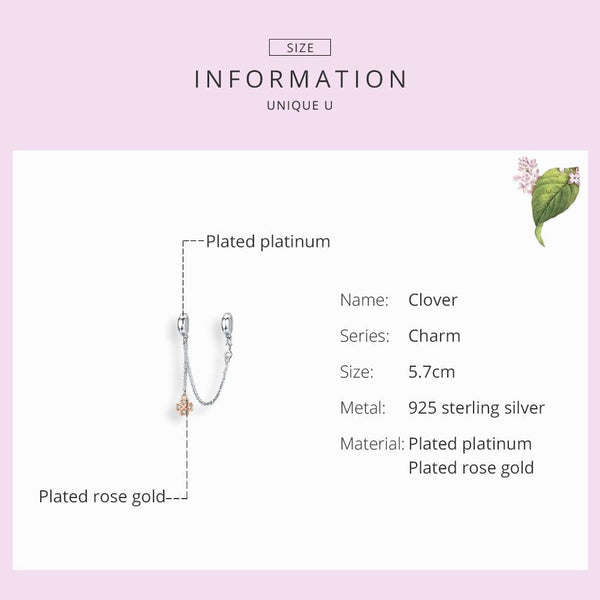 Four Leaf Clover Rose Gold Plated Sterling Silver Zircon CZ Safety Chain Bracelet
