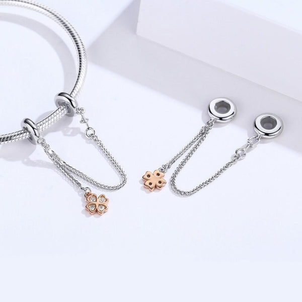 Four Leaf Clover Rose Gold Plated Sterling Silver Zircon CZ Safety Chain Bracelet