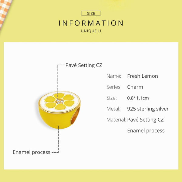 Lemon Enamel Sterling Silver Zircon CZ Bead Charm Pendant Bracelet Necklace