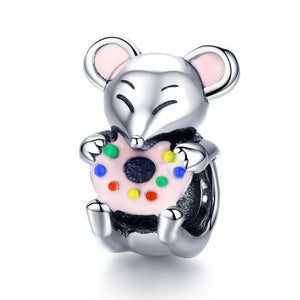 Mouse Doughnut Enamel Sterling Silver Bead Charm Bracelet Necklace Pendant