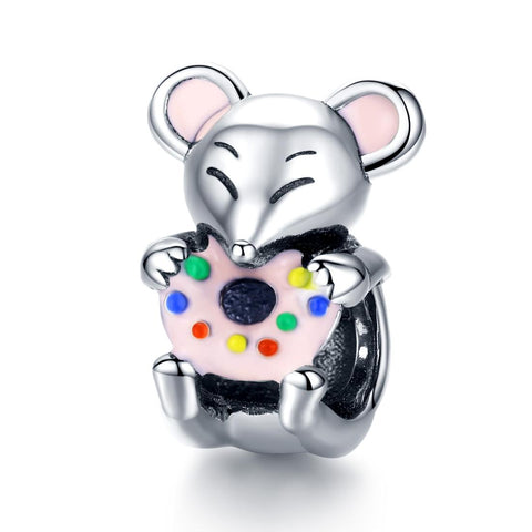 Mouse Doughnut Enamel Sterling Silver Bead Charm Bracelet Necklace Pendant