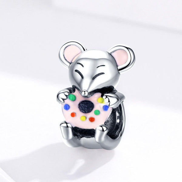 Mouse Doughnut Enamel Sterling Silver Bead Charm Bracelet Necklace Pendant