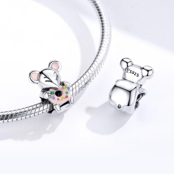 Mouse Doughnut Enamel Sterling Silver Bead Charm Bracelet Necklace Pendant