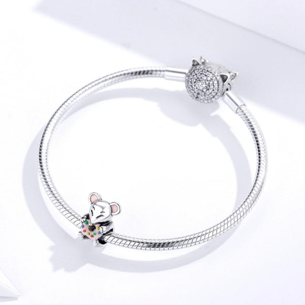 Mouse Doughnut Enamel Sterling Silver Bead Charm Bracelet Necklace Pendant