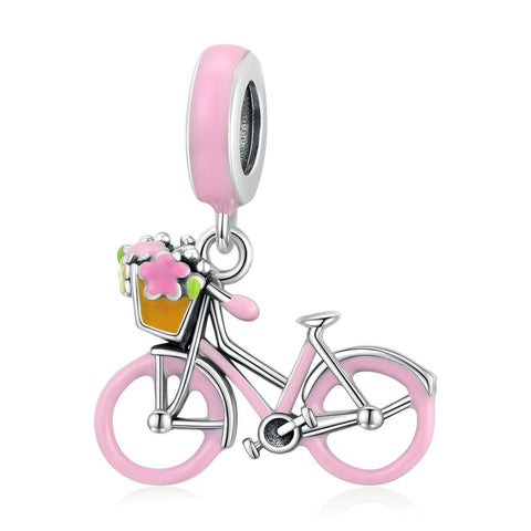 Pink Bicycle Enamel Sterling Silver CZ Bead Charm Pendant Bracelet Necklace