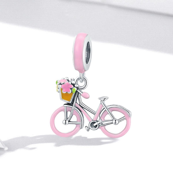 Pink Bicycle Enamel Sterling Silver CZ Bead Charm Pendant Bracelet Necklace