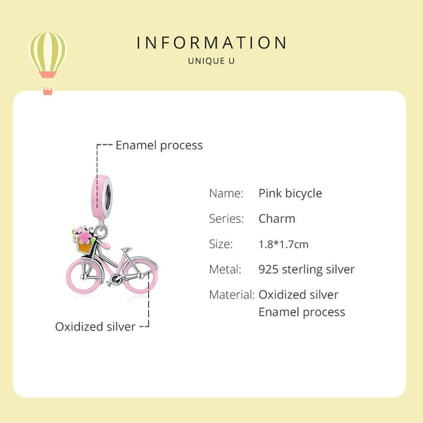 Pink Bicycle Enamel Sterling Silver CZ Bead Charm Pendant Bracelet Necklace