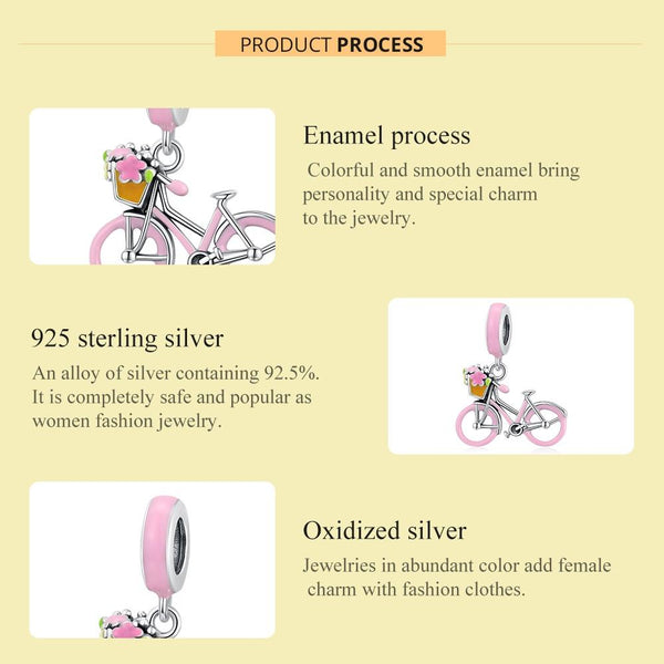 Pink Bicycle Enamel Sterling Silver CZ Bead Charm Pendant Bracelet Necklace