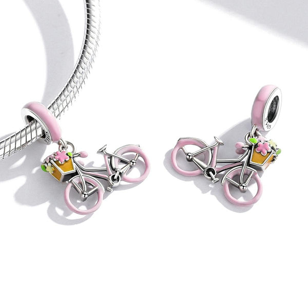 Pink Bicycle Enamel Sterling Silver CZ Bead Charm Pendant Bracelet Necklace