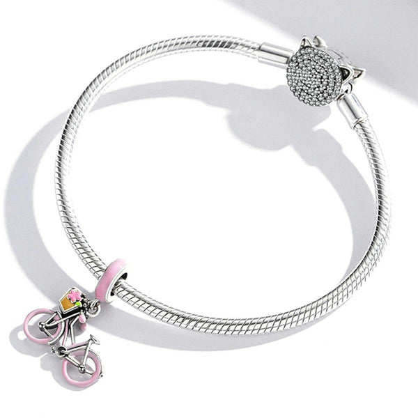 Pink Bicycle Enamel Sterling Silver CZ Bead Charm Pendant Bracelet Necklace