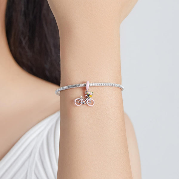 Pink Bicycle Enamel Sterling Silver CZ Bead Charm Pendant Bracelet Necklace