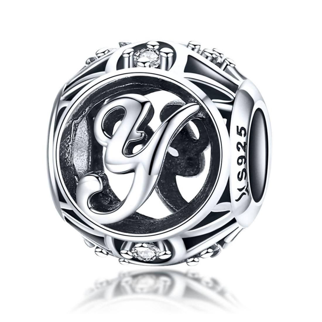 Y Initial Letter Sterling Silver Zircon CZ Bead Charm Bracelet Necklace