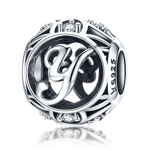 Y Initial Letter Sterling Silver Zircon CZ Bead Charm Bracelet Necklace