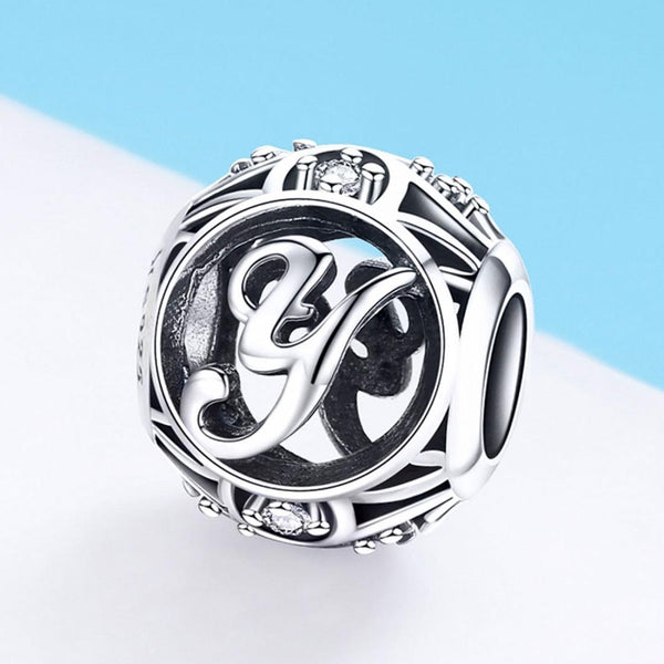 Y Initial Letter Sterling Silver Zircon CZ Bead Charm Bracelet Necklace