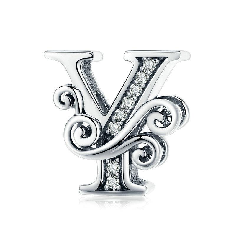 Initial Letter Gothic Victorian Sterling Silver Zircon CZ Bead Charm Bracelet Y