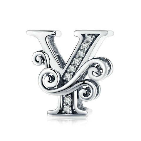 Initial Letter Gothic Victorian Sterling Silver Zircon CZ Bead Charm Bracelet Y
