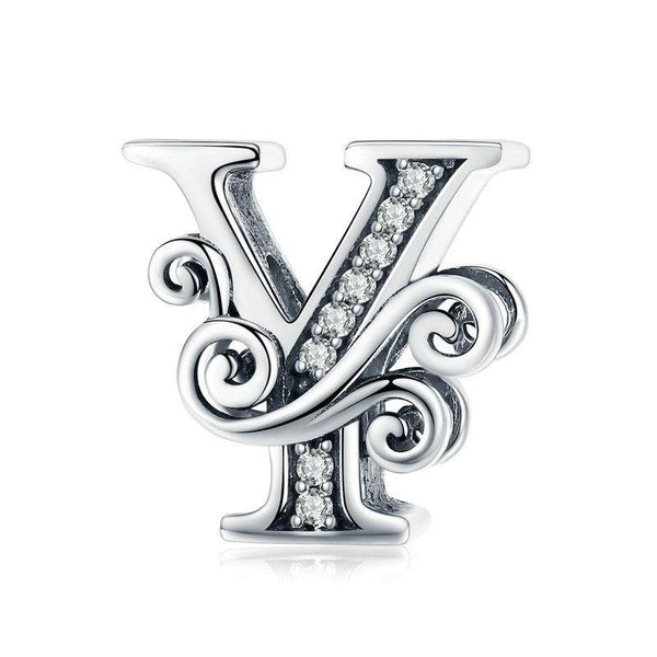Initial Letter Gothic Victorian Sterling Silver Zircon CZ Bead Charm Bracelet Y