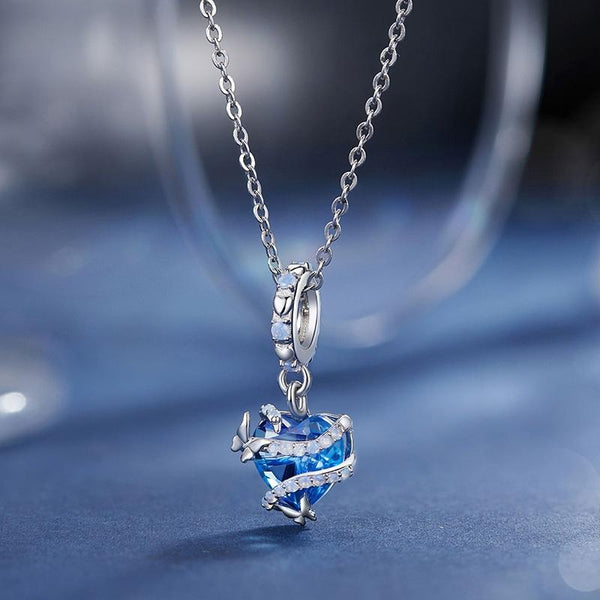 Wrapped Heart Butterflies Platinum Plated Sterling Silver Bead Charm Bracelet Necklace
