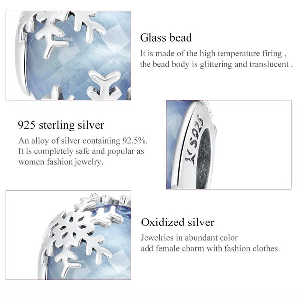 Snowflakes Blue Glass Sterling Silver Spacer Bead Charm Bracelet Necklace