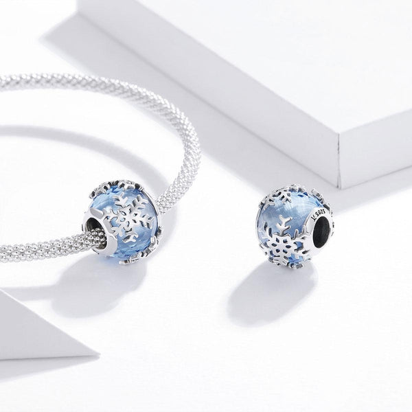 Snowflakes Blue Glass Sterling Silver Spacer Bead Charm Bracelet Necklace