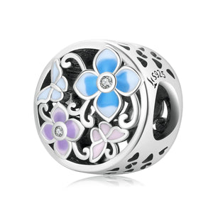 Butterfly Flowers Enamel Sterling Silver Zircon CZ Bead Charm Bracelet Necklace