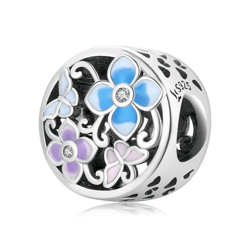 Butterfly Flowers Enamel Sterling Silver Zircon CZ Bead Charm Bracelet Necklace