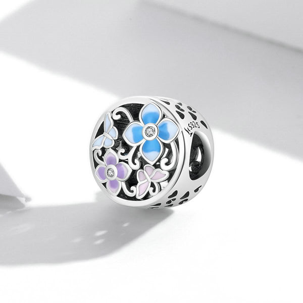 Butterfly Flowers Enamel Sterling Silver Zircon CZ Bead Charm Bracelet Necklace