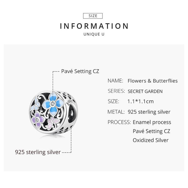 Butterfly Flowers Enamel Sterling Silver Zircon CZ Bead Charm Bracelet Necklace