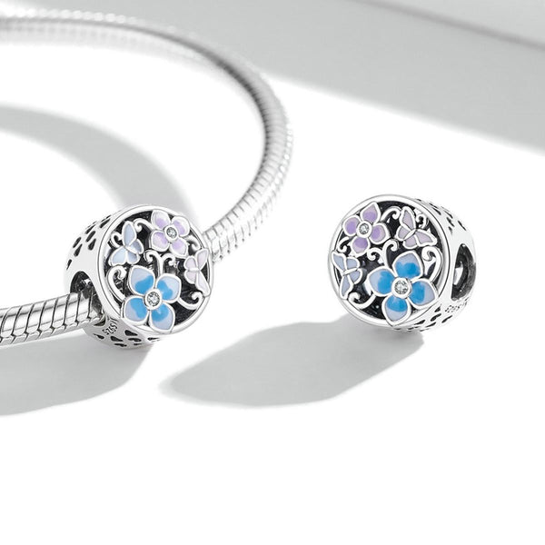 Butterfly Flowers Enamel Sterling Silver Zircon CZ Bead Charm Bracelet Necklace