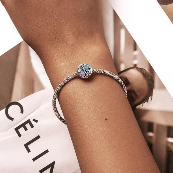 Butterfly Flowers Enamel Sterling Silver Zircon CZ Bead Charm Bracelet Necklace
