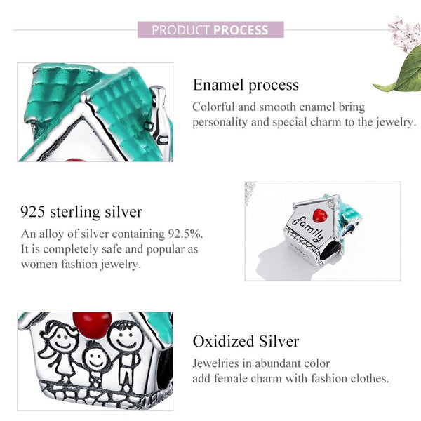 Family House Home Cottage Enamel Sterling Silver Bead Charm Bracelet Necklace