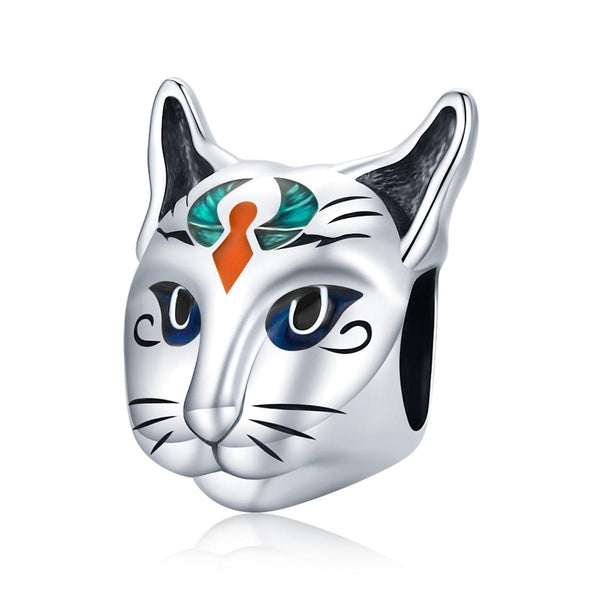 Egyptian Cat God Head Enamel Sterling Silver Bead Charm Bracelet Necklace