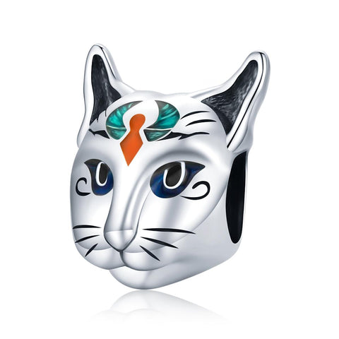 Egyptian Cat God Head Enamel Sterling Silver Bead Charm Bracelet Necklace