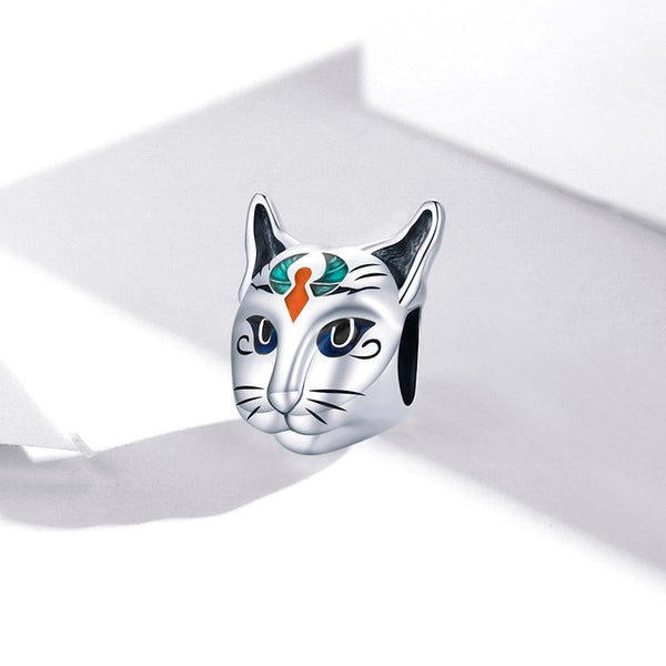 Egyptian Cat God Head Enamel Sterling Silver Bead Charm Bracelet Necklace