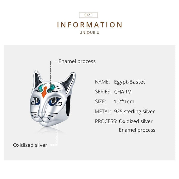 Egyptian Cat God Head Enamel Sterling Silver Bead Charm Bracelet Necklace