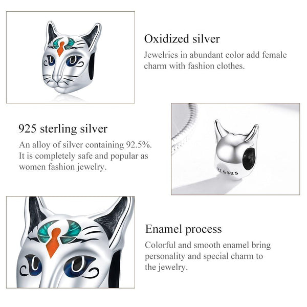 Egyptian Cat God Head Enamel Sterling Silver Bead Charm Bracelet Necklace