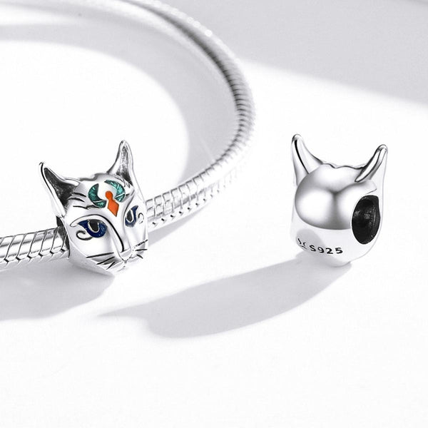 Egyptian Cat God Head Enamel Sterling Silver Bead Charm Bracelet Necklace