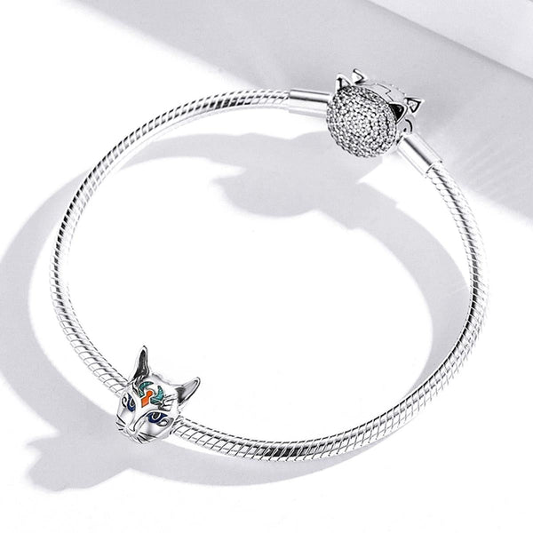 Egyptian Cat God Head Enamel Sterling Silver Bead Charm Bracelet Necklace