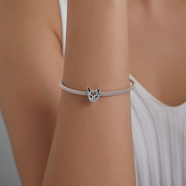 Egyptian Cat God Head Enamel Sterling Silver Bead Charm Bracelet Necklace