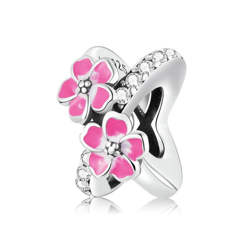 Pink Flowers Enamel Sterling Silver Zircon CZ Bead Charm Bracelet Necklace