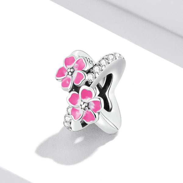 Pink Flowers Enamel Sterling Silver Zircon CZ Bead Charm Bracelet Necklace