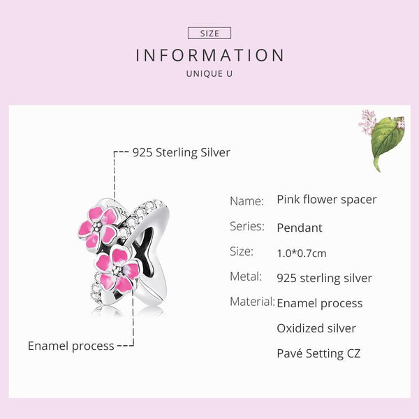 Pink Flowers Enamel Sterling Silver Zircon CZ Bead Charm Bracelet Necklace