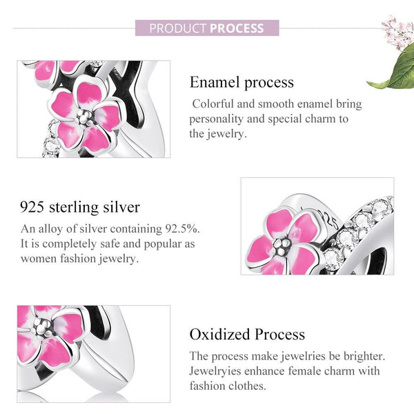 Pink Flowers Enamel Sterling Silver Zircon CZ Bead Charm Bracelet Necklace
