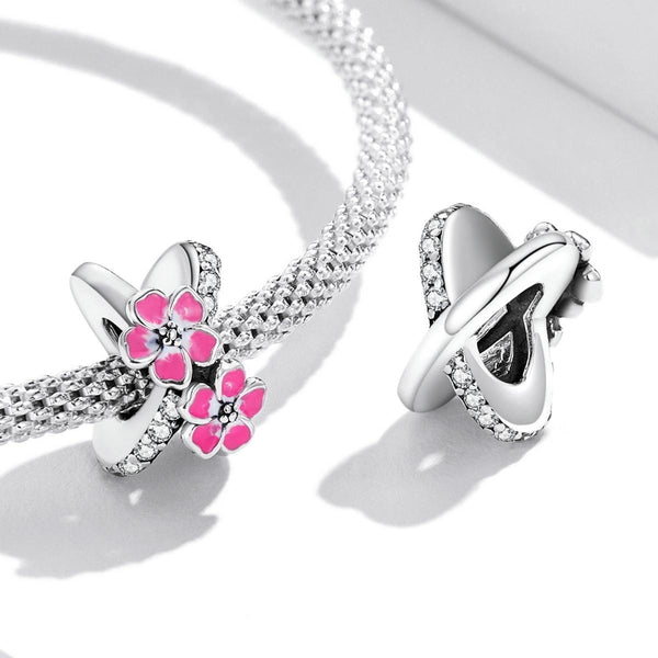 Pink Flowers Enamel Sterling Silver Zircon CZ Bead Charm Bracelet Necklace