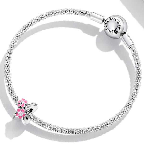 Pink Flowers Enamel Sterling Silver Zircon CZ Bead Charm Bracelet Necklace